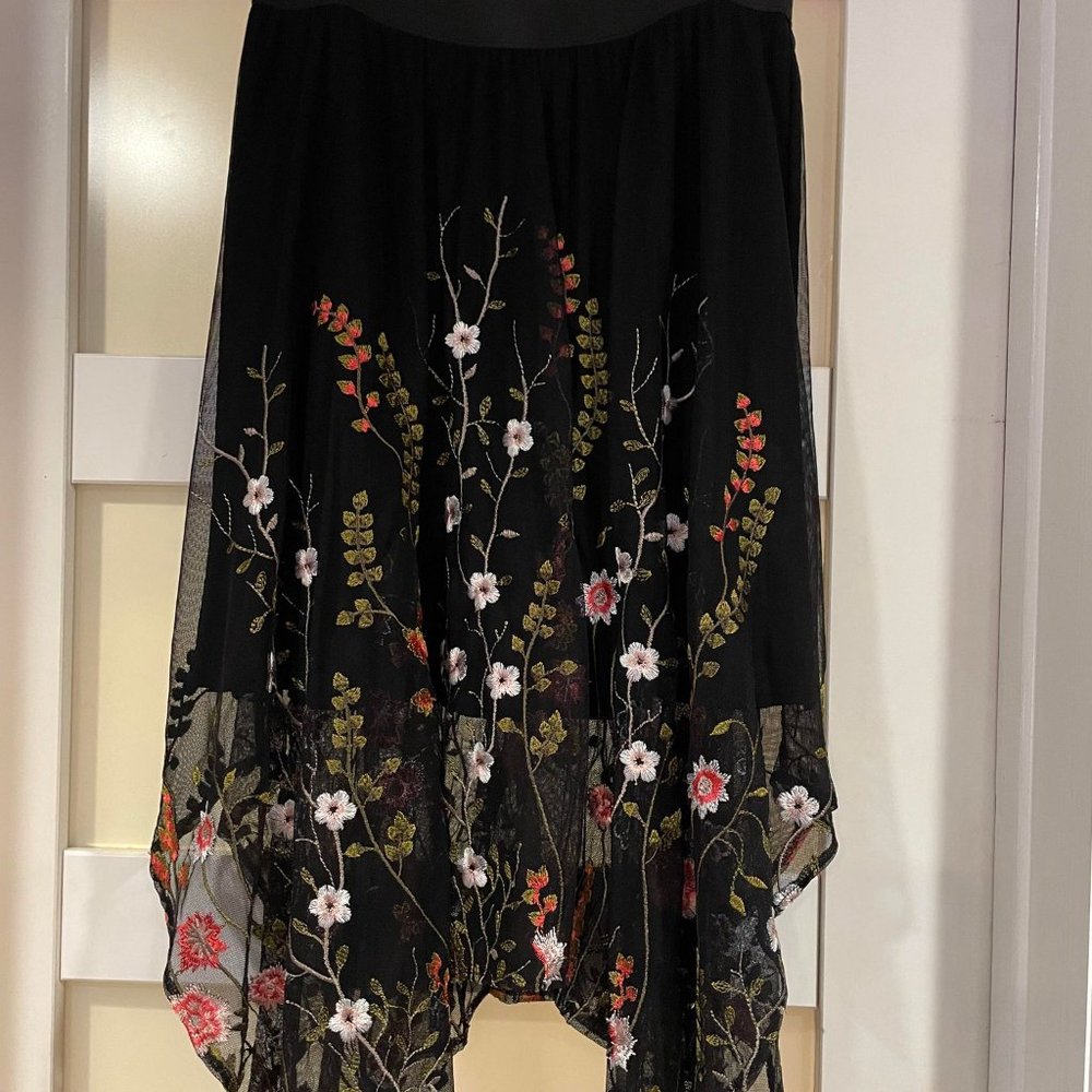 INC Scheer Embroidered black floral Handkerchief Skirt